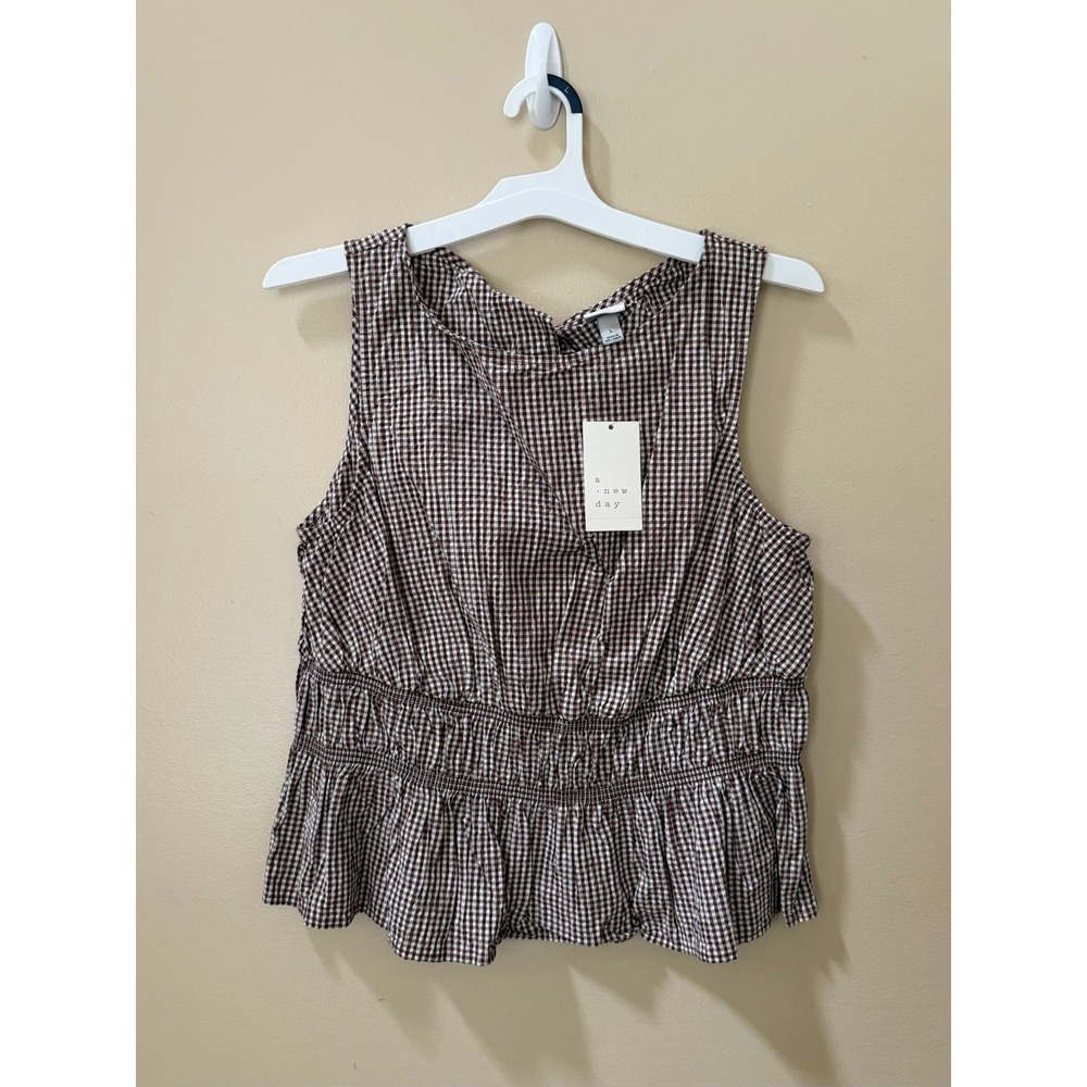 A New Day Women's Seersucker Peplum Top - Brown Gingham Sz: L NWT